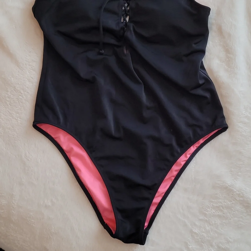 Pink Victoria’s Secret Black Tie Front One Piece Swimsuit Size Medium - Picture 3 of 11